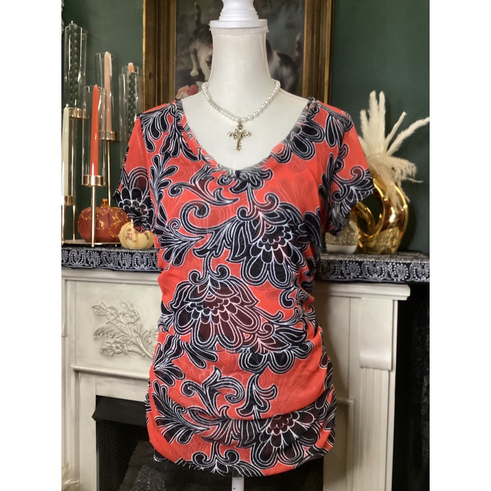 INC International Concepts Red Black Floral Sheer Mesh V-Neck Top XL
